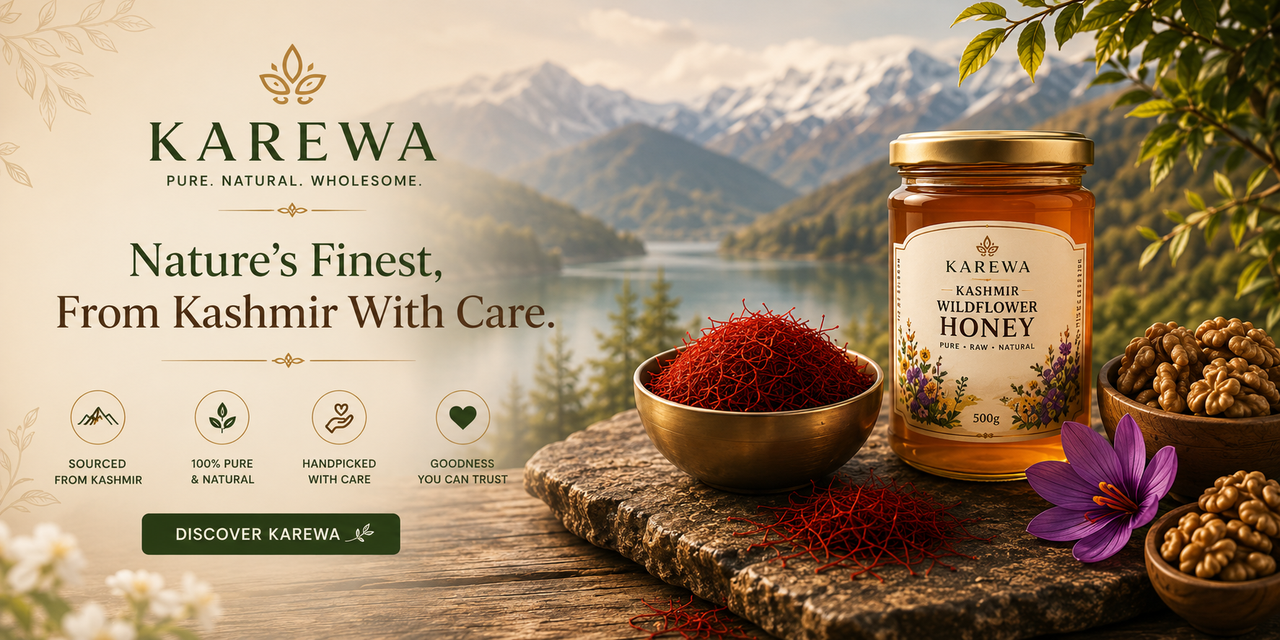 A jar of Kashmir wildflower honey and a bowl of saffron threads on stone, with the valley behind.