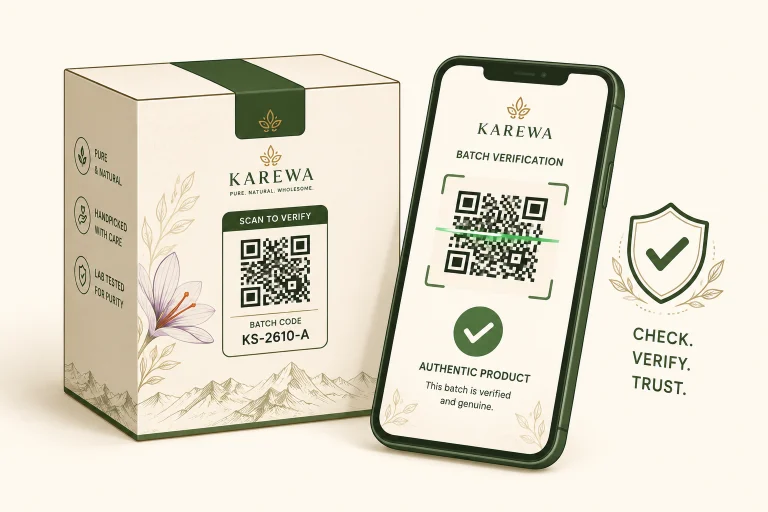 A ZoonNaturals saffron pack beside a phone showing the batch verification page for that pack.